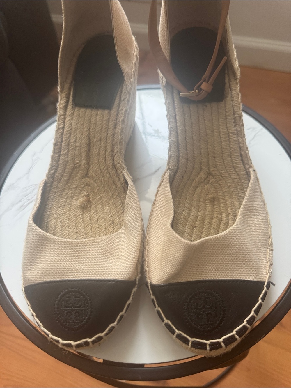 Tory Burch Cream Canvas Espadrille Wedges with Brown Toe Cap